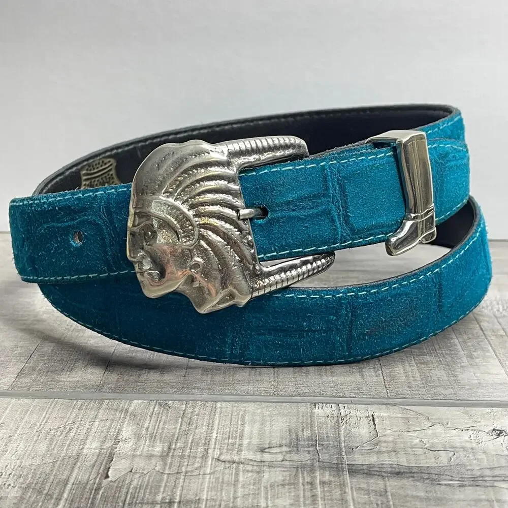 Vintage Native American Indian Head Silver Buckle Teal Calfskin Leather Belt S